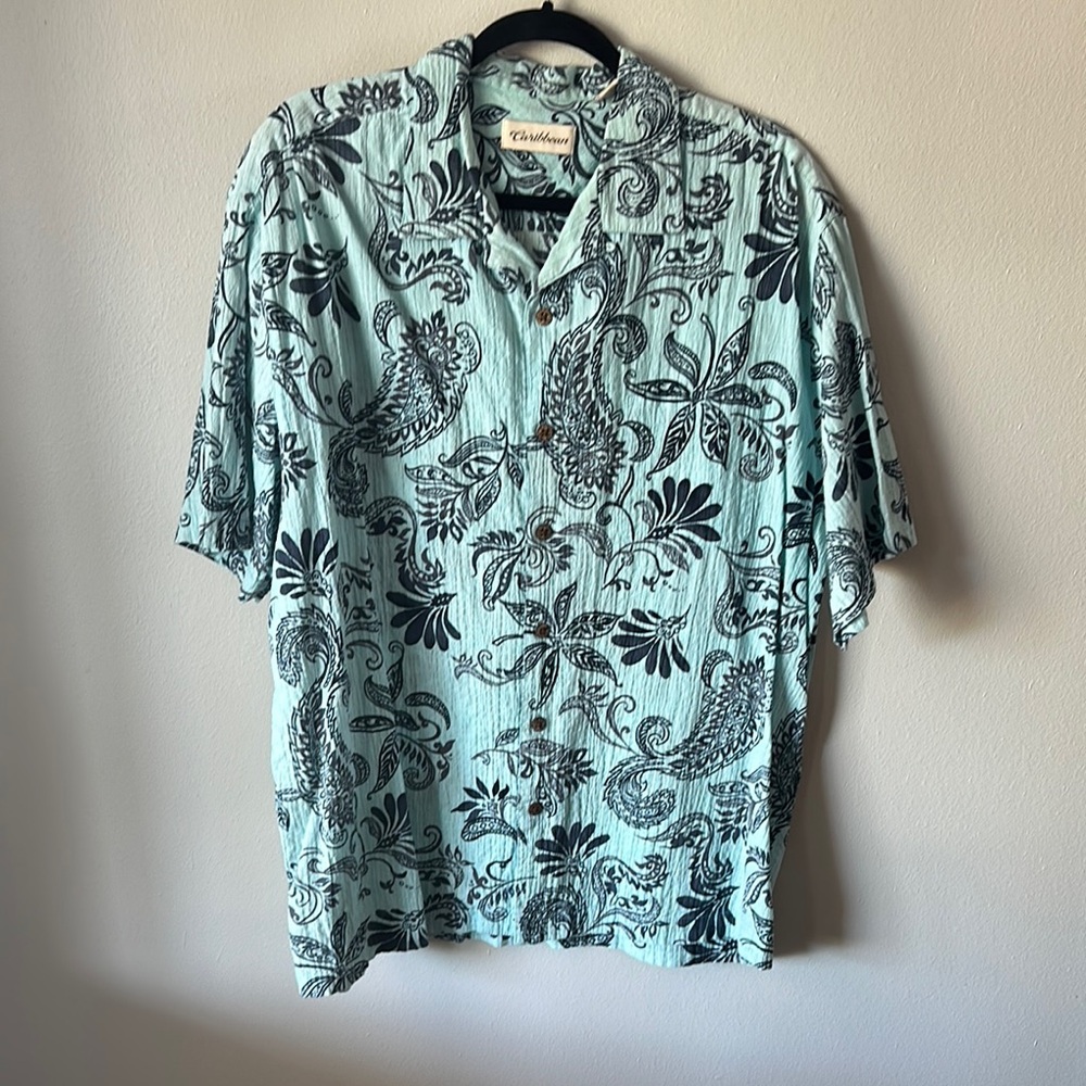 Caribbean Men's Light Blue and Black Paisley Shirt